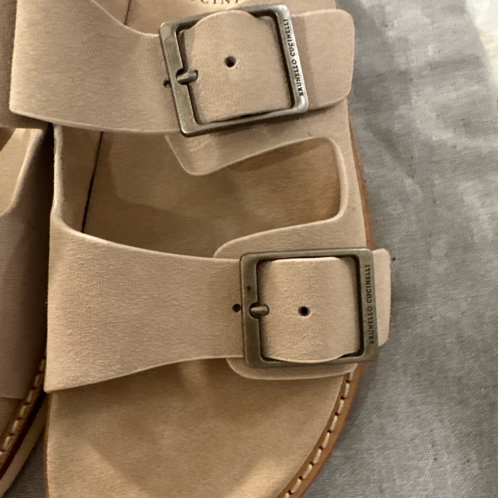 Brunello Cucinelli Taupe Double Buckle Sandals - Picture 4 of 6
